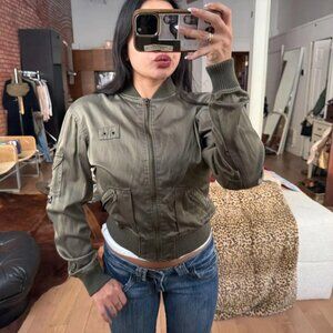 Y2K Garage Olive Green Bomber Jacket Cropped Utility Minimalist